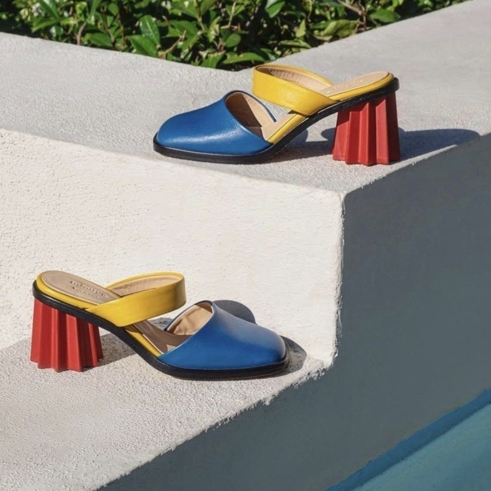 Mlouye Architectural Pleated Heel Mules Sz 37 Blue‎ Yellow Red Leather Italy